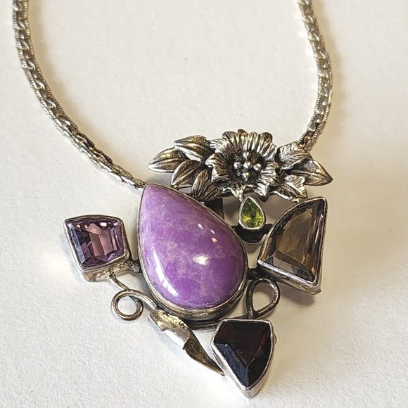 Unbranded Jewelry - Vintage Sterling 925 Pendant Semi-precious Stones Floral Silver Work With 24...